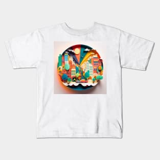 3D Effect Papercut Art - Cityscape Scene Kids T-Shirt